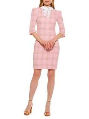 NWT Alexa Admor Pink Tweed Collared Bow Mini Sheath Dress 12